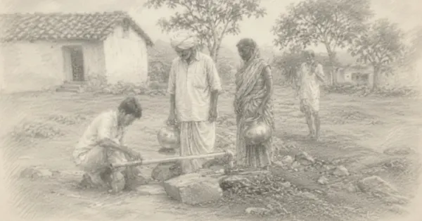 PPDT-style rural village scene showing a young man inspecting a damaged water pipeline while villagers stand nearby with water pots