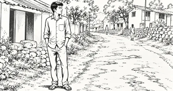 Black-and-white TAT-style image showing a young man standing beside a village road